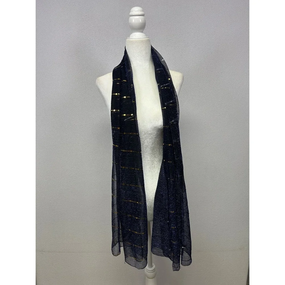 Evening Glam Womens OS Navy Blue Gold Sequin Pleated Mesh Shawl Scarf